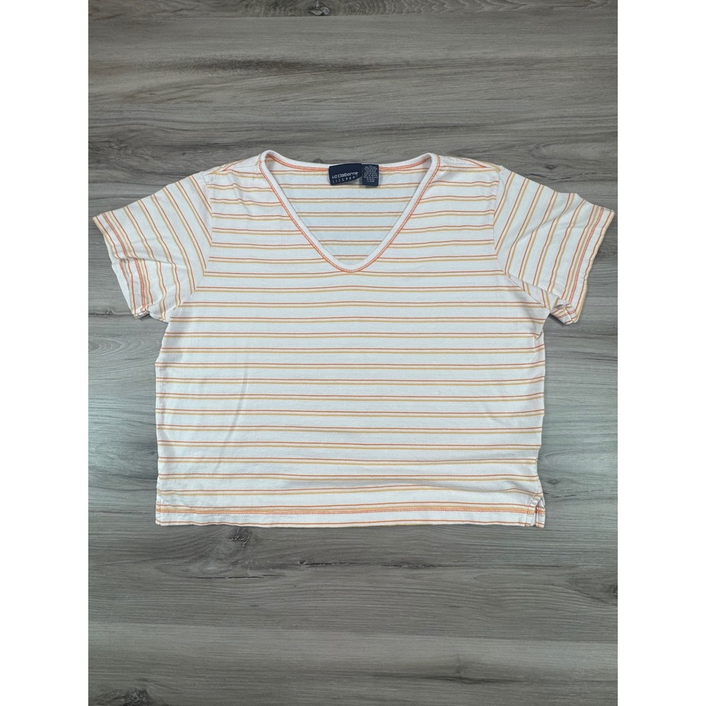 VTG Liz Claiborne Lizsport Womens XL V-Neck Striped Cotton T-Shirt Orange Yellow
